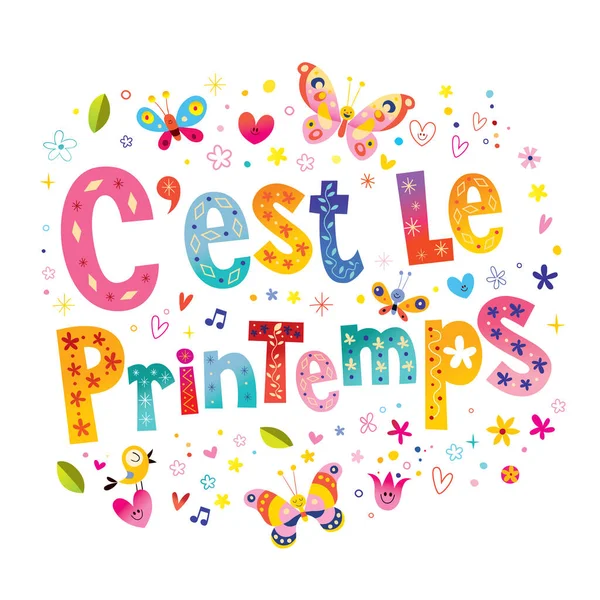 フランス語で春 装飾的なレタリングを持つユニークなカード — ストックベクタ