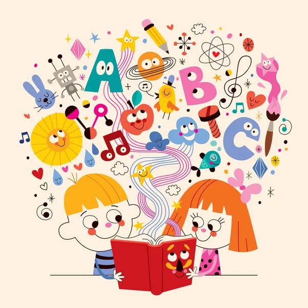 Cute kids reading book — Stock Vector