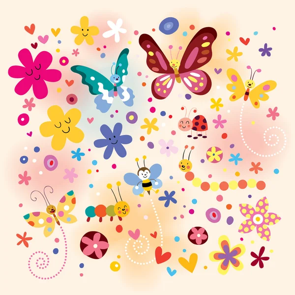 Mariposas, escarabajos, patrón de flores — Vector de stock