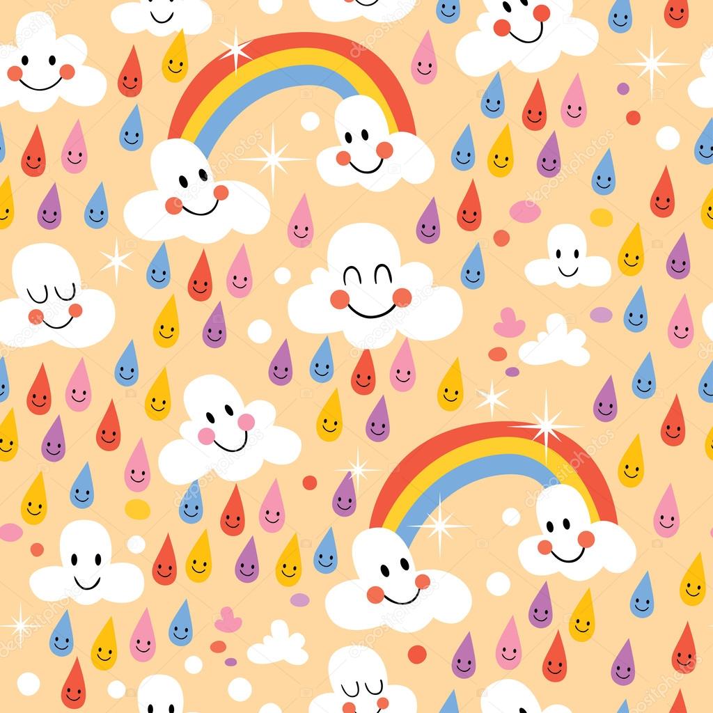 Clouds, rainbows, rain seamless pattern