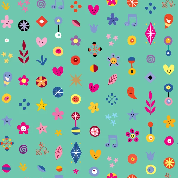 Cartoon hearts, stars and flowers pattern — Stock Vector