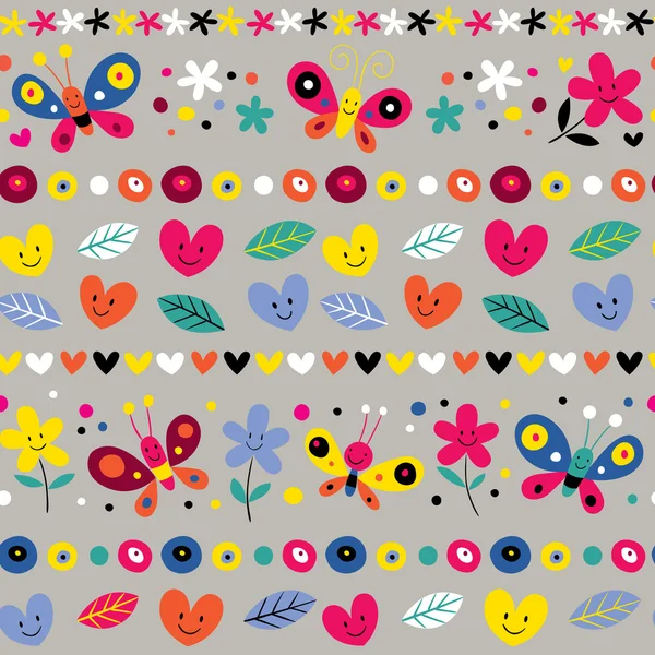 かわいい蝶、ハートや花のパターン — ストックベクタ