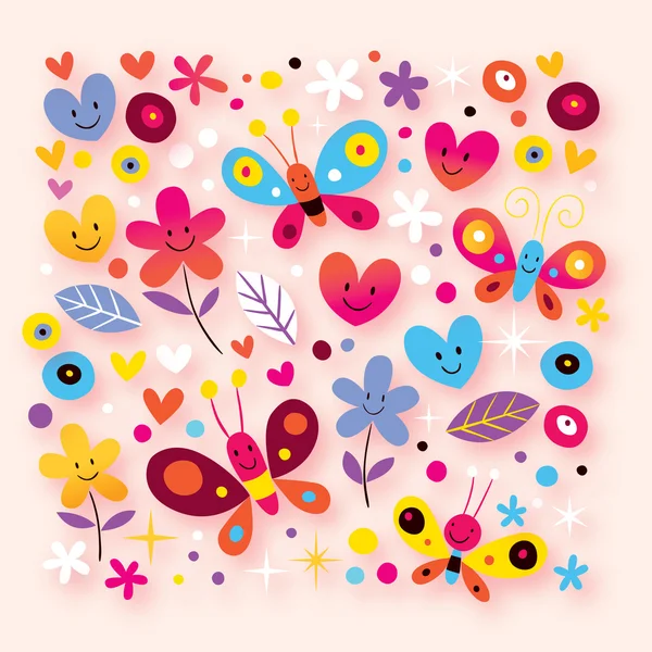 Patrón de mariposas, corazones y flores — Vector de stock