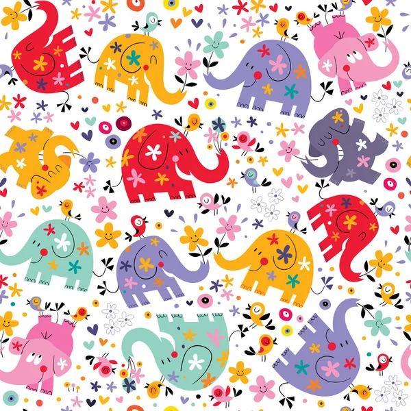 Cute elephants, birds & flowers pattern — Stock Vector