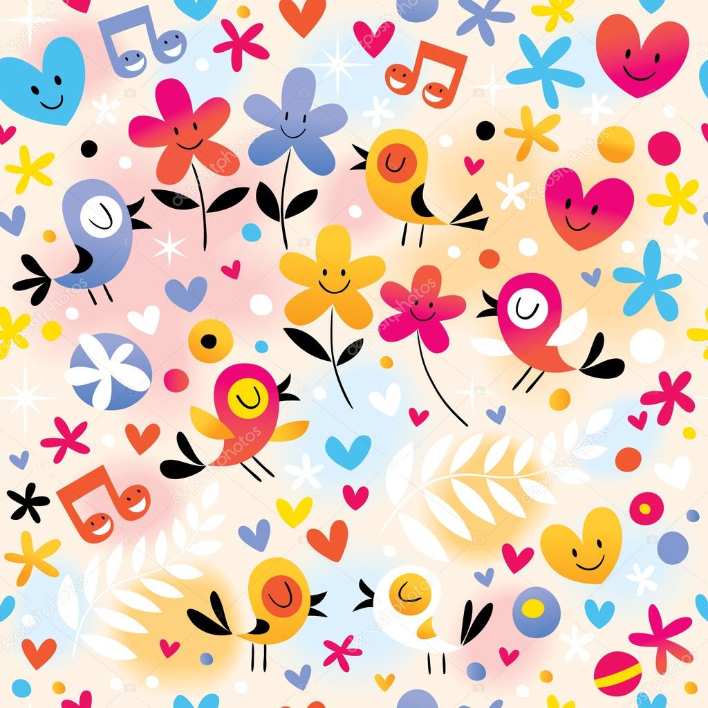 Singing birds, hearts and flowers pattern
