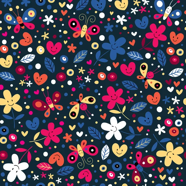 Cute butterflies, hearts and flowers pattern — Stock Vector