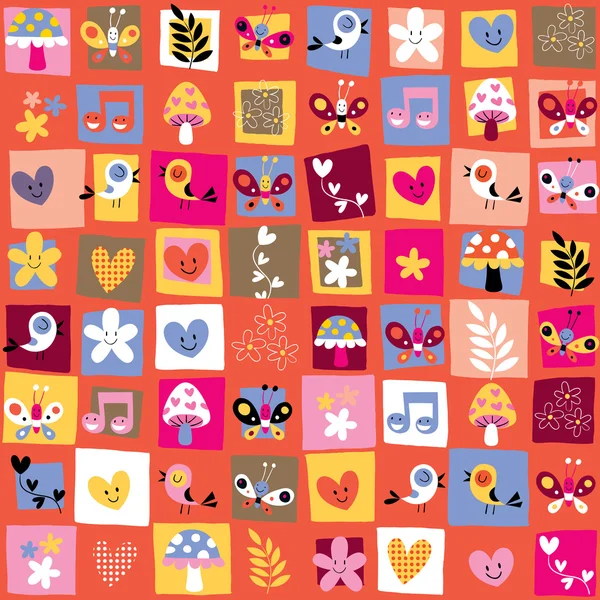 Cute flowers, birds, hearts pattern — Stock Vector