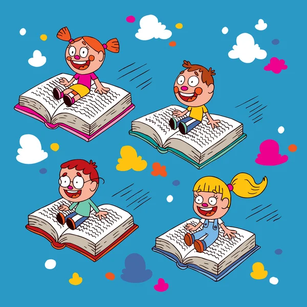 Kinder fliegen auf Bücher — Stockvektor