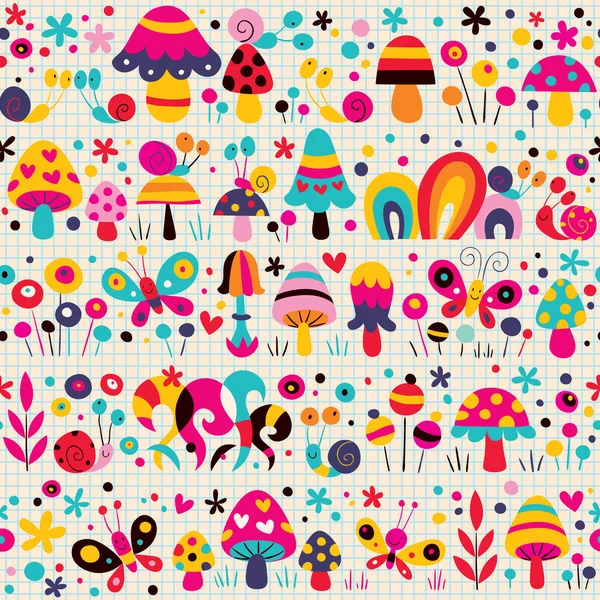 Mushrooms, butterflies & snails pattern — Stock Vector