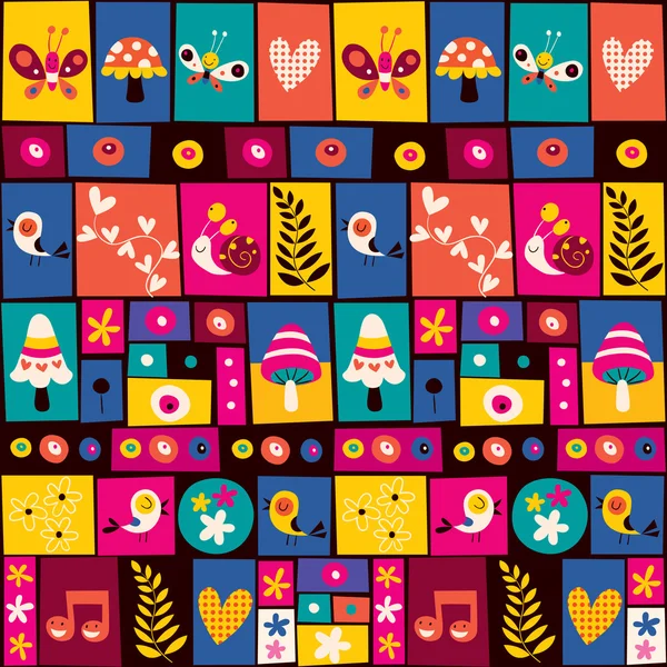 Flowers, birds, mushrooms & snails pattern — Stock Vector