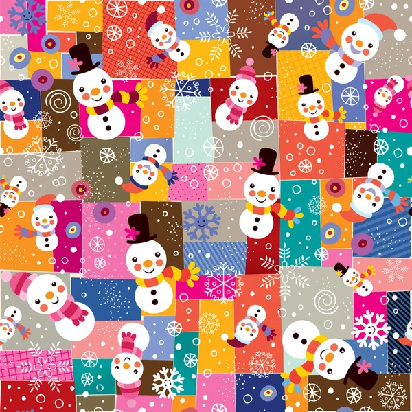 Christmas snowman & snowflakes collage pattern — Stock Vector