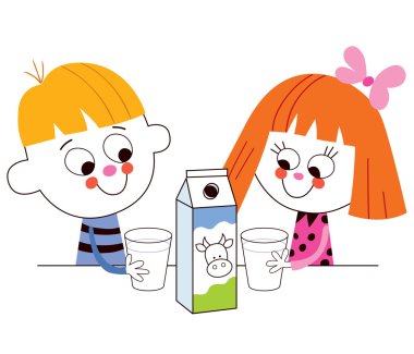 Küçük erkek ve kız süt içiyor