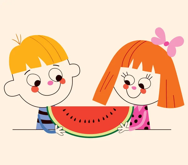 Garçon et fille avec pastèque — Image vectorielle
