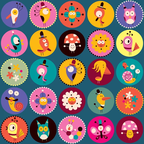 Flores, pájaros, setas y caracoles personajes — Vector de stock