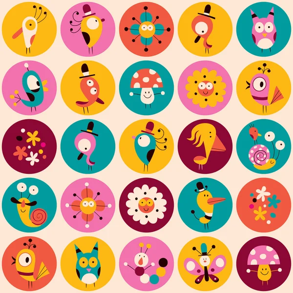 Flores, pájaros, setas y caracoles personajes — Vector de stock