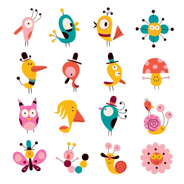 Flores, pájaros, setas y caracoles personajes — Vector de stock
