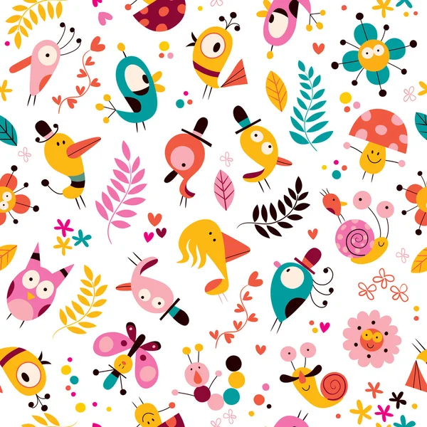 Flowers, birds, mushrooms & snails pattern — Stock Vector