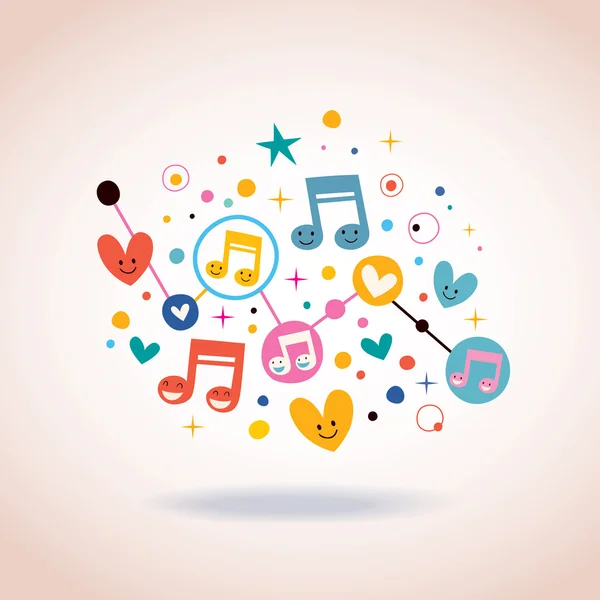 Notes de musique, coeurs et points — Image vectorielle