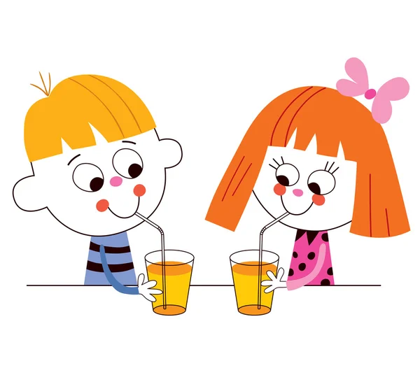 Menino e menina bebendo suco — Vetor de Stock
