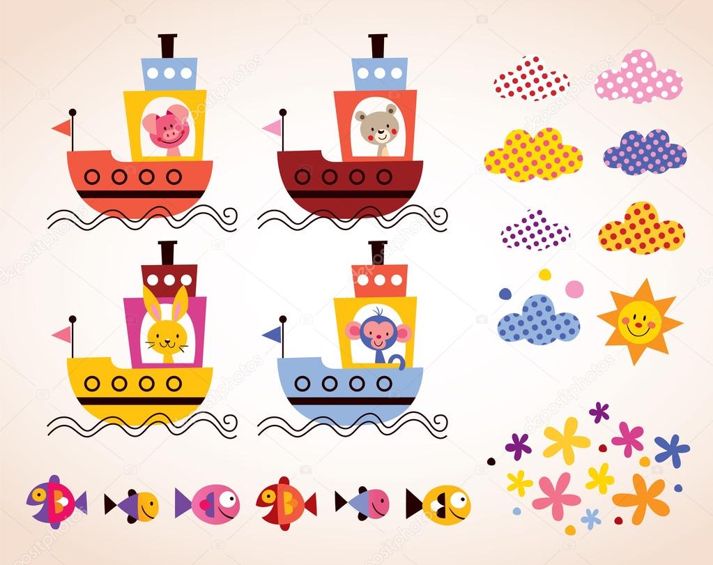 Cute animals in boats set