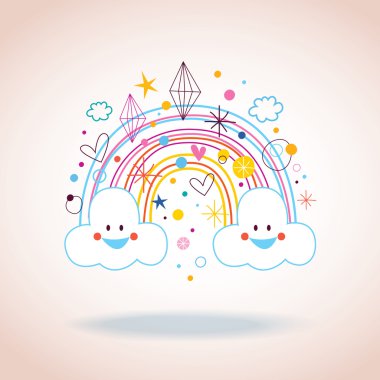 Çizgi film gökkuşağı kalpler elmas bulutlar