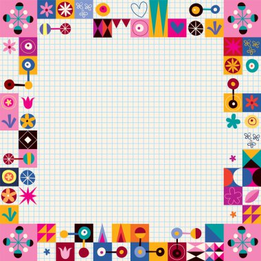 Kalpler, yıldız ve çiçekler soyut kenarlık