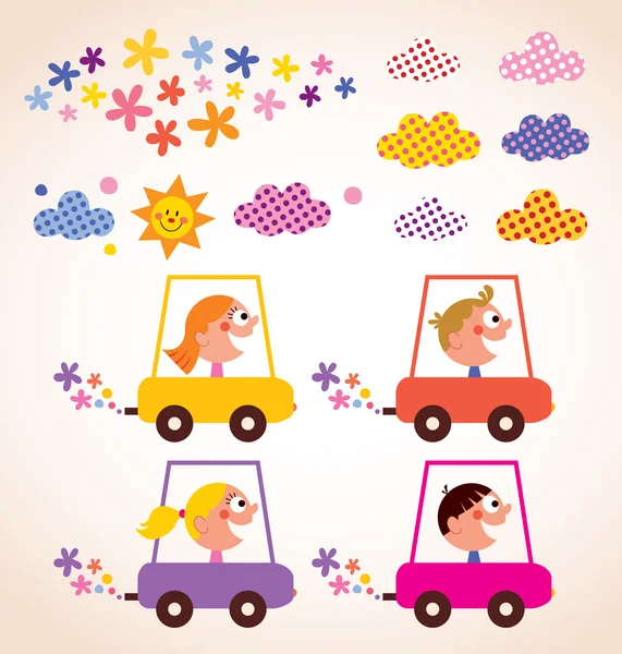 Lindos niños conduciendo coches — Vector de stock