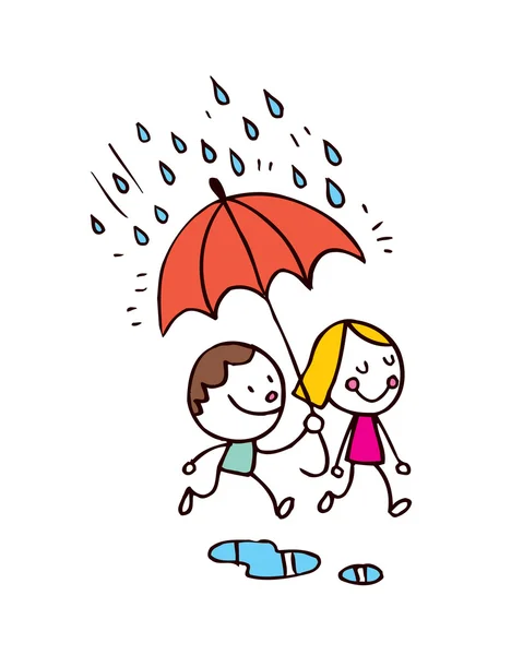 Little boy and girl in rain — Stock Vector