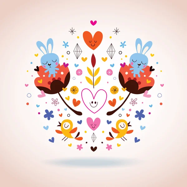 Flores, conejos, corazones y pájaros — Vector de stock