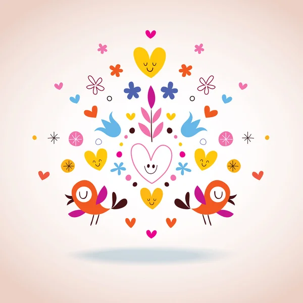 Ilustración de flores, corazones y pájaros — Vector de stock