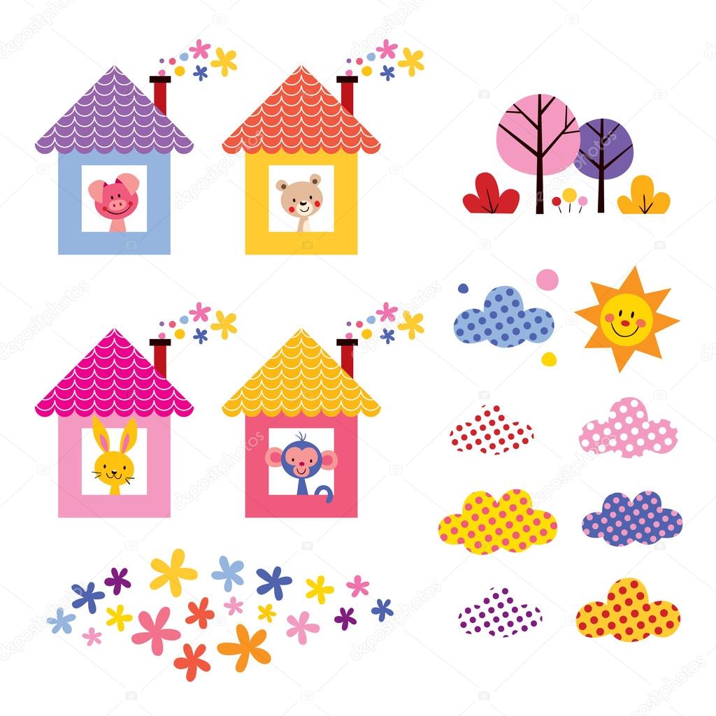 Cute animals in houses set