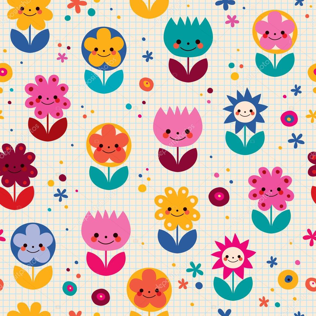 Happy cartoon flowers seamless pattern