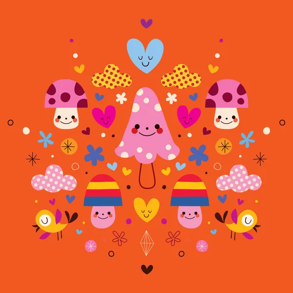 Personajes de setas, flores, corazones y pájaros — Vector de stock