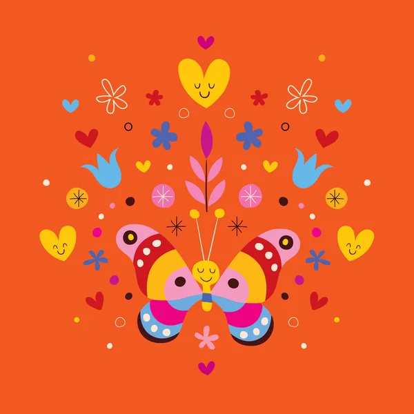 Papillon mignon, coeurs et fleurs — Image vectorielle