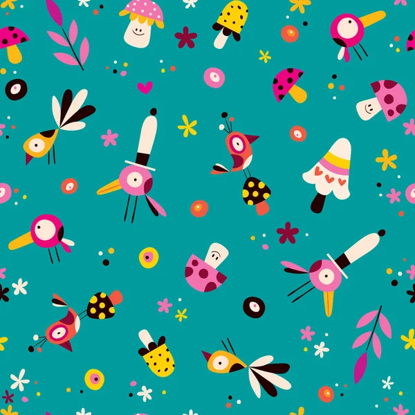 Flowers, birds and mushrooms seamless pattern — Stock Vector