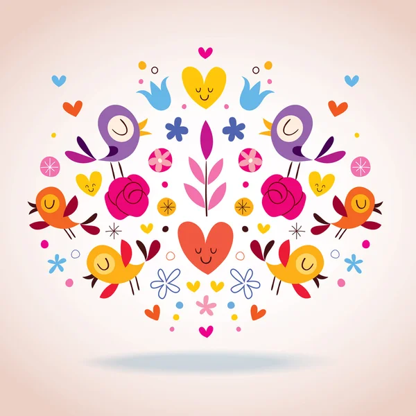 Hearts, birds and flowers vector illustration — Stock Vector