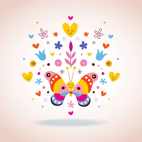 Mariposa, corazones y flores — Vector de stock