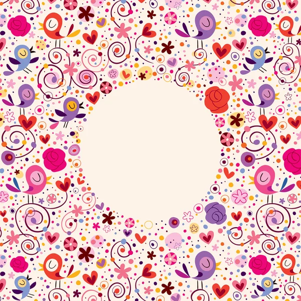 Fleurs, coeurs, oiseaux cadre cercle — Image vectorielle