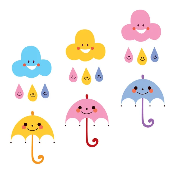 Cute umbrellas, raindrops, clouds — Stock Vector
