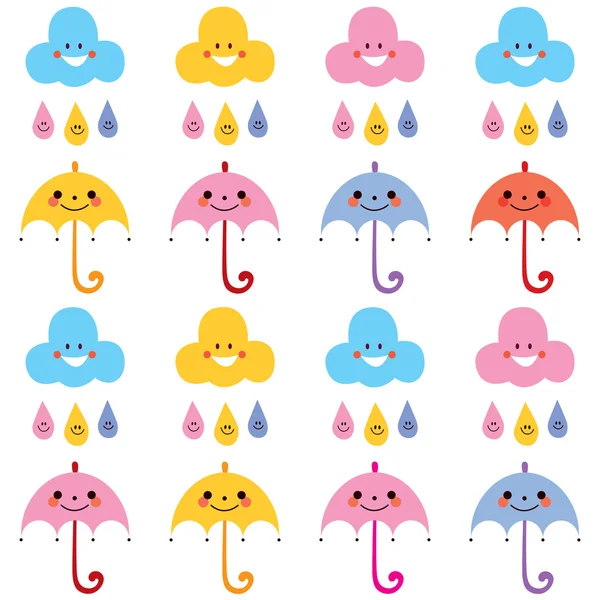 Guarda-chuvas bonitos, gotas de chuva, nuvens — Vetor de Stock