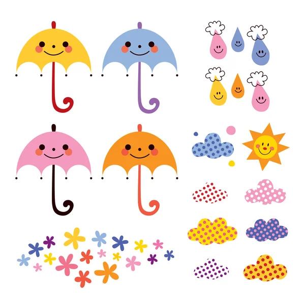 Cute umbrellas and raindrops — Stock Vector