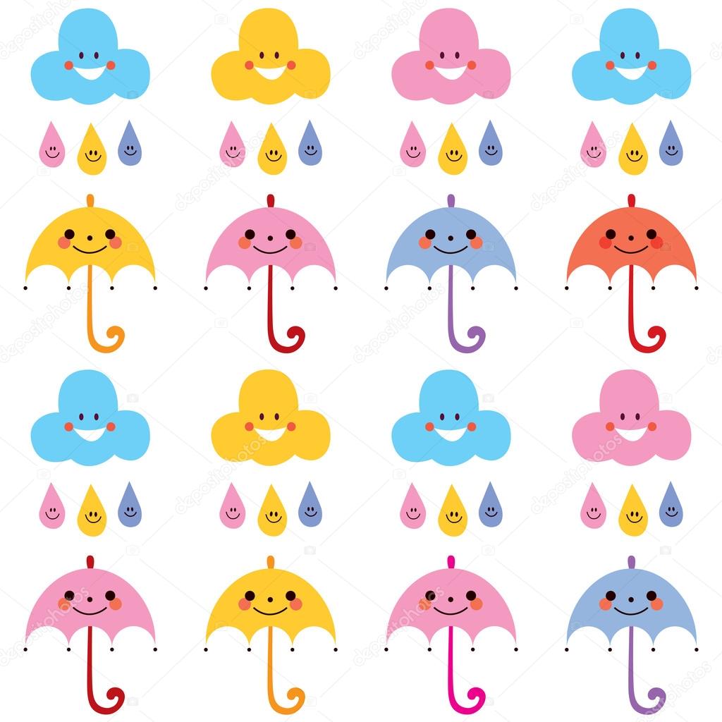 Cute umbrellas, raindrops, clouds