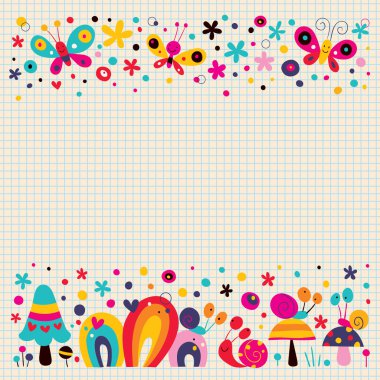 Mantar, kelebekler, salyangoz ve çiçekler