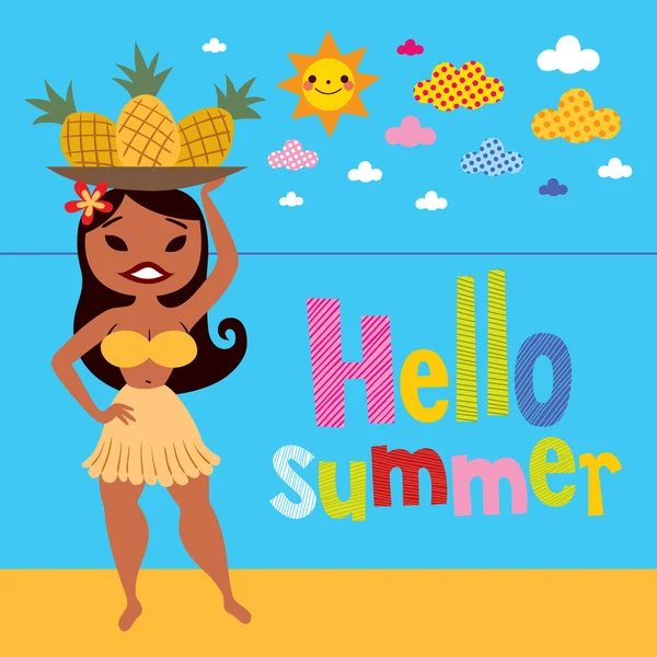 Hello summer hula girl with pineapples — Stock Vector