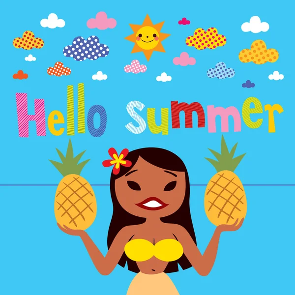 Hello summer hula girl with pineapples — Stock Vector