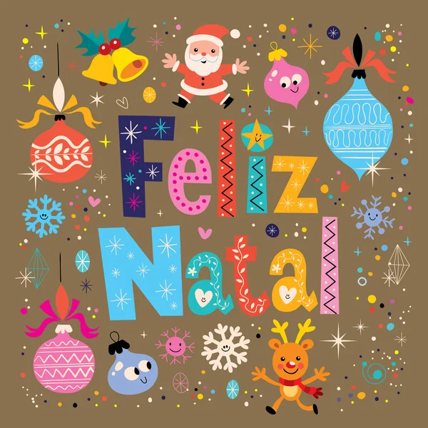 Merry Christmas Feliz Natal - portugues - Portuguese greeting card — Stock Vector