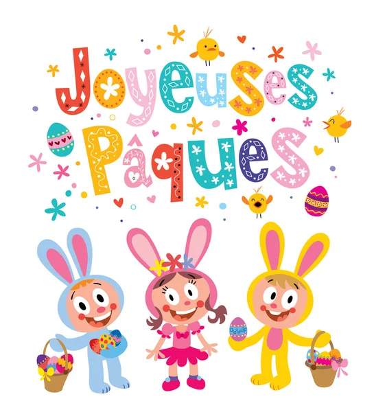 Joyeuses Paques Feliz Pascua en tarjeta de felicitación francesa con lindos niños Conejitos de Pascua — Vector de stock