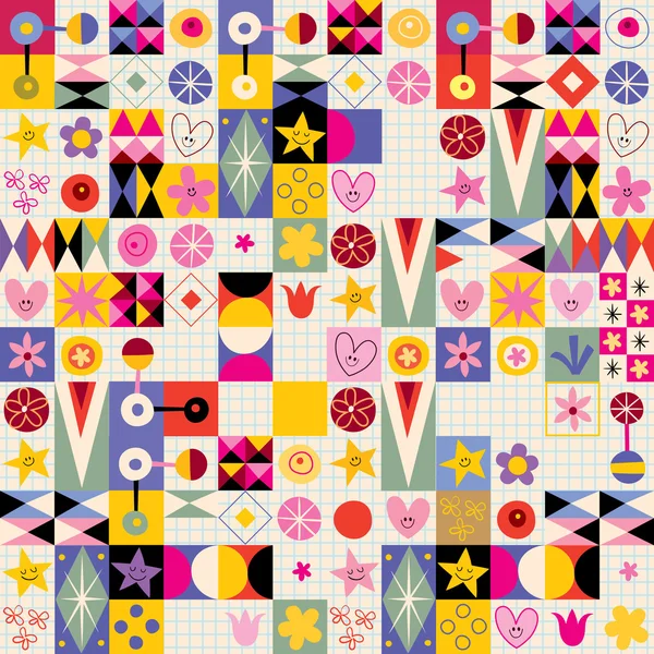 Arte abstracto corazones flores retro diseño de patrón sin costuras — Vector de stock