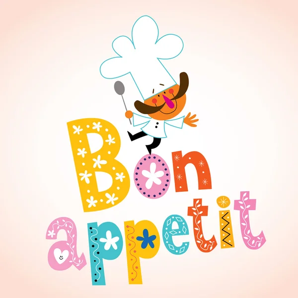 Bon appetit decorative lettering with chef character — Stock Vector