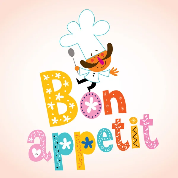 Bon appetit decoratieve belettering met chef-kok karakter — Stockvector